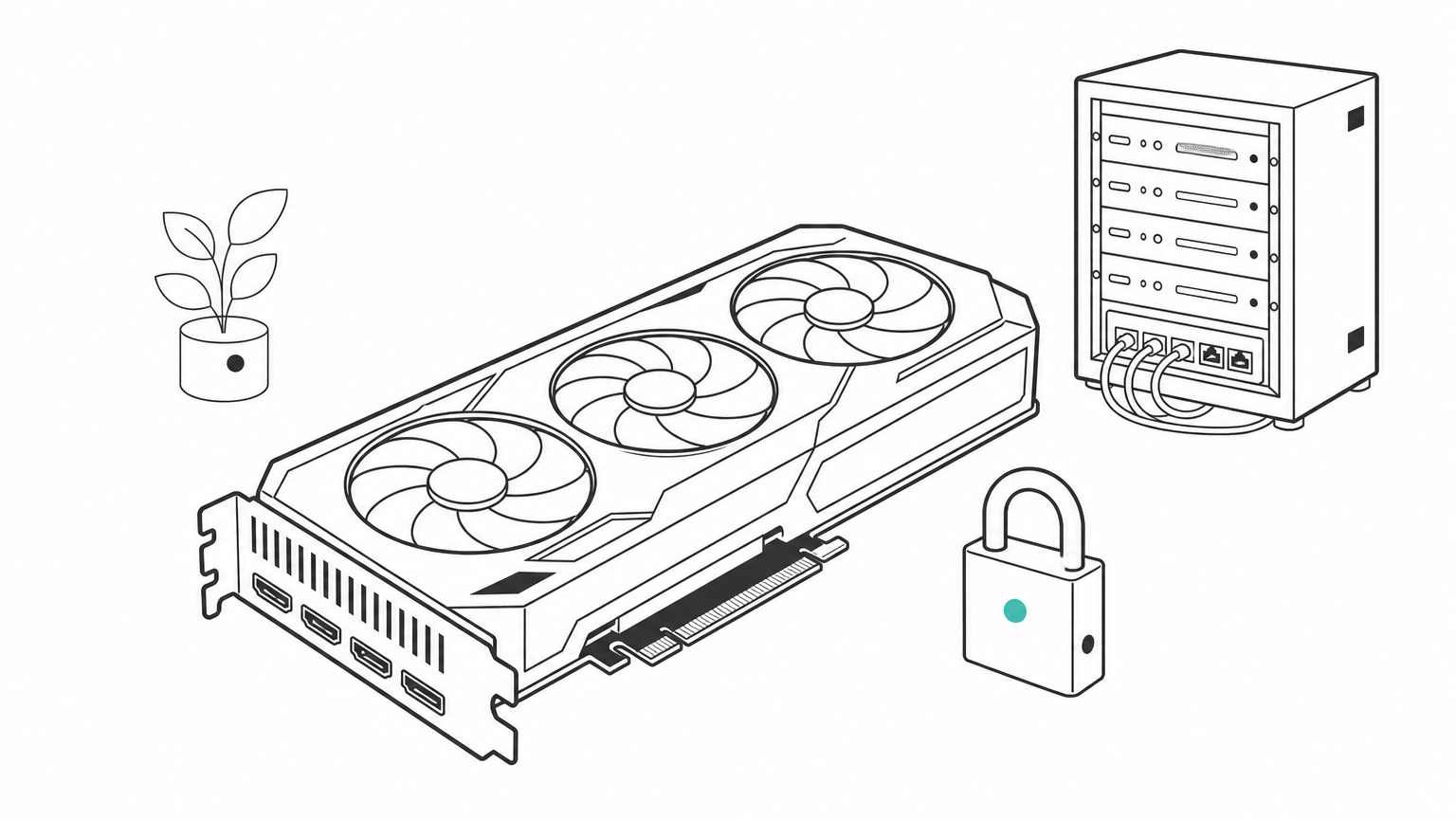 A GPU card with a padlock next to a server rack, showing controlled hosting of an open-weight model.