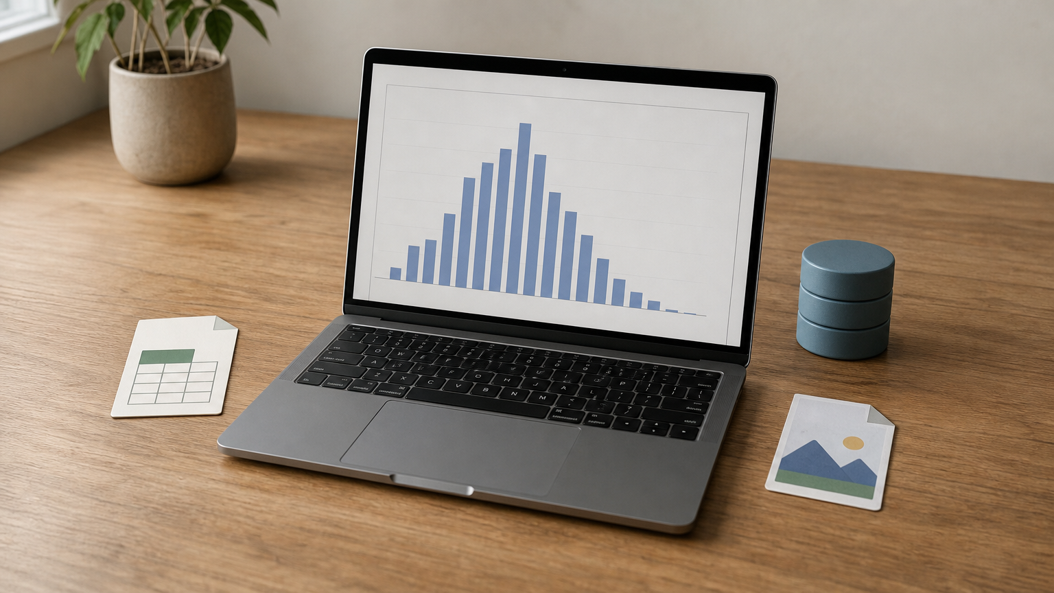 An app window showing a histogram next to a spreadsheet icon, a database cylinder and a chart image file.