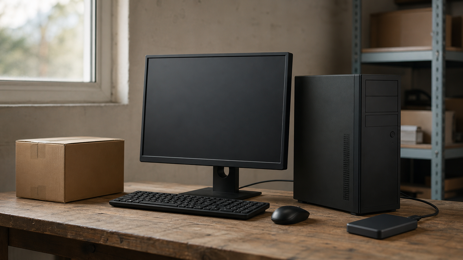 Stasjonær PC på et skrivebord med ekstern harddisk og en pappeske ved siden av.