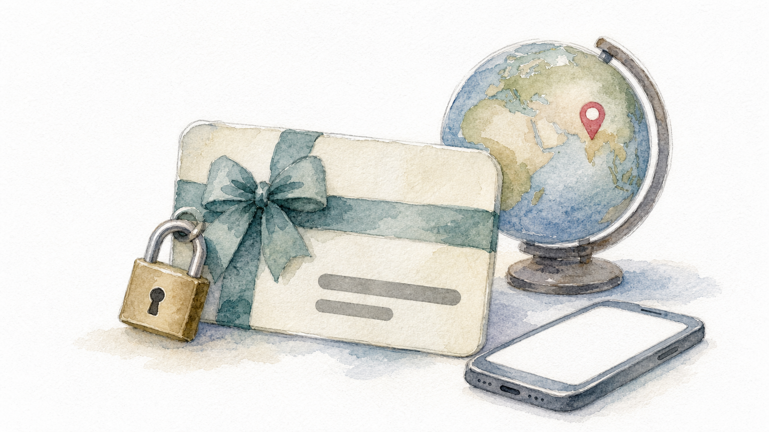 A padlocked gift card next to a globe with a map pin and a smartphone.