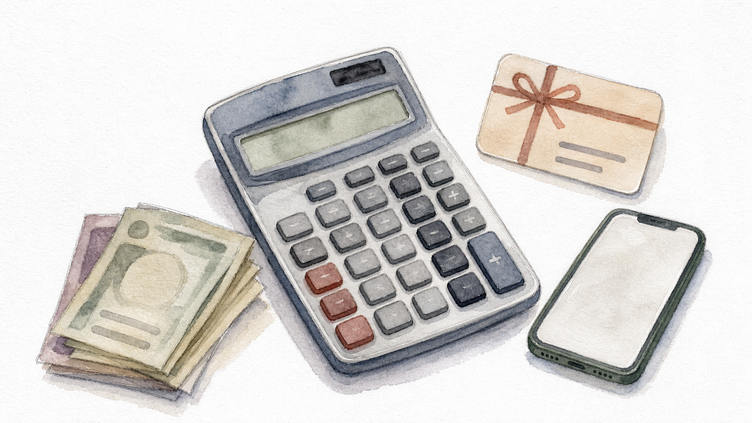 A calculator, a stack of taka banknotes, a gift card, and a smartphone.