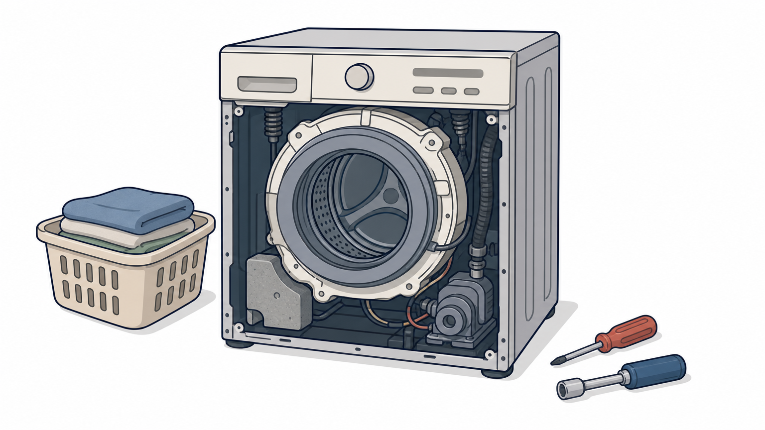 A front-load washing machine with its front panel removed and hand tools resting on the laundry room floor.