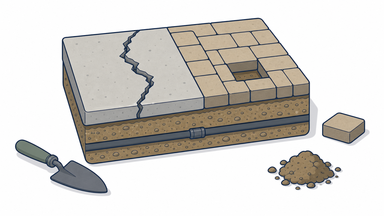 A cracked concrete slab next to a paver area with one unit lifted, exposing soil and an irrigation line.