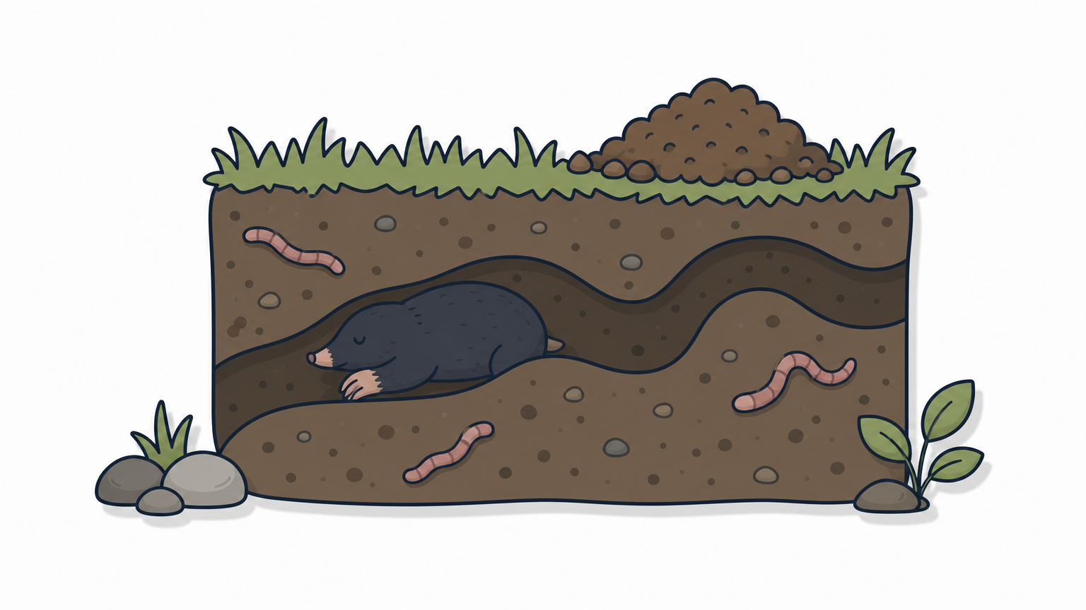 Cutaway of lawn soil showing a tunnel, earthworms nearby, and a dirt mound on the grass above.