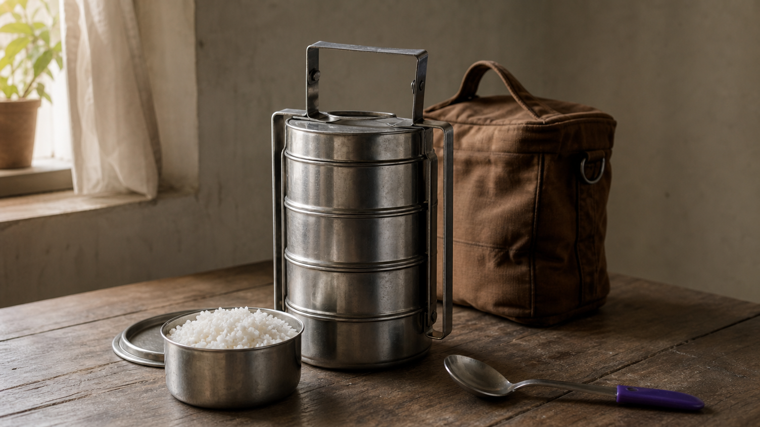 A stacked steel tiffin carrier beside a cloth delivery bag, a bowl of rice and a ladle.
