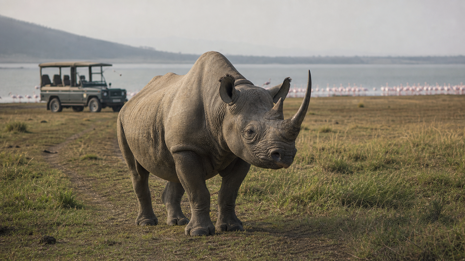A black rhino in grassland with a safari jeep and flamingos by the lake.