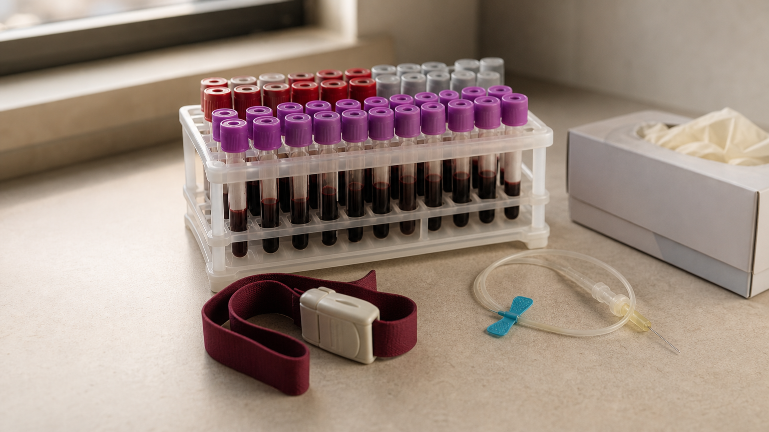 Blood collection tubes in a rack with a tourniquet, needle set, and gloves.