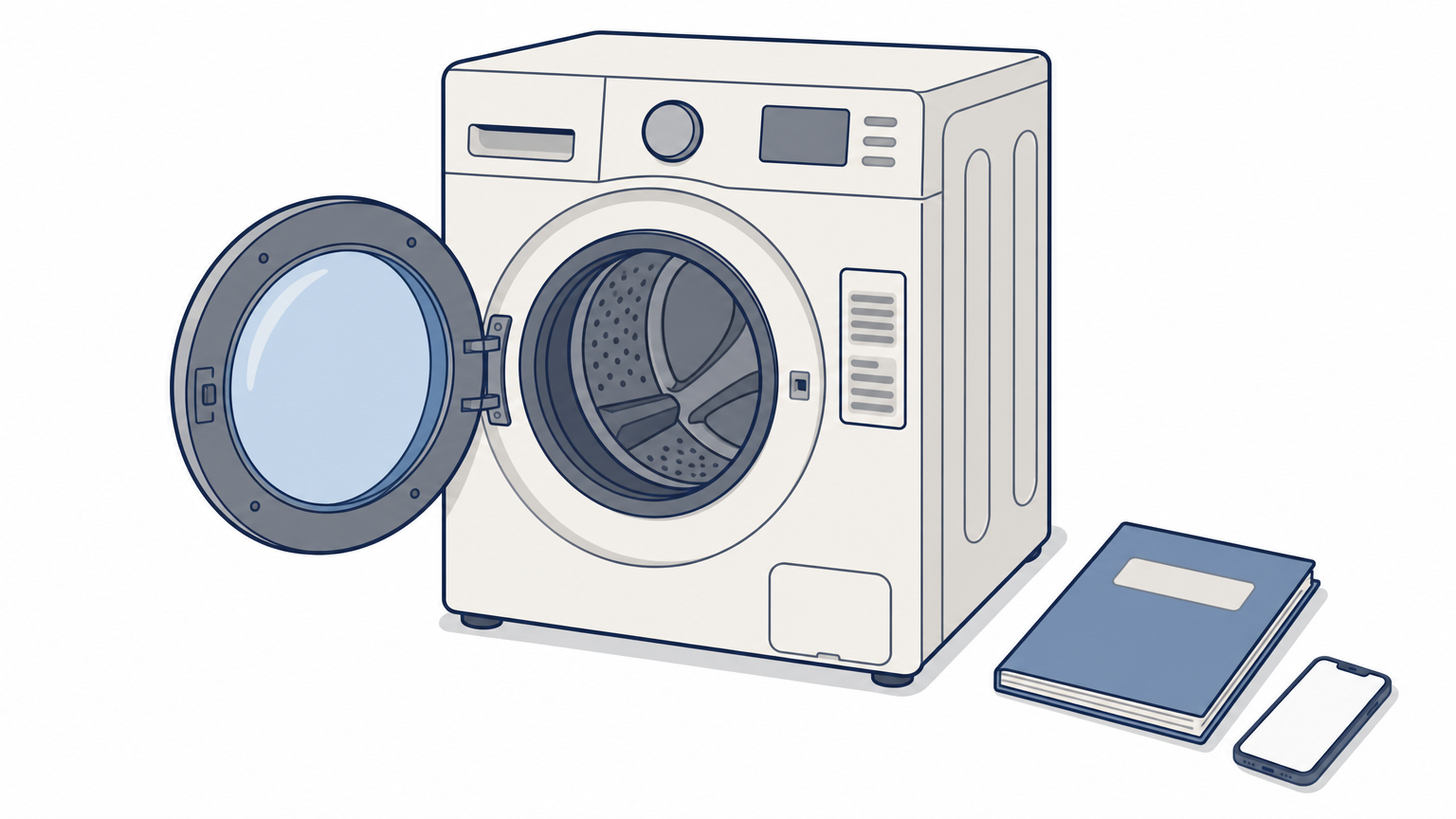 An open washer door showing the model label on the frame, with a warranty folder and phone on top.
