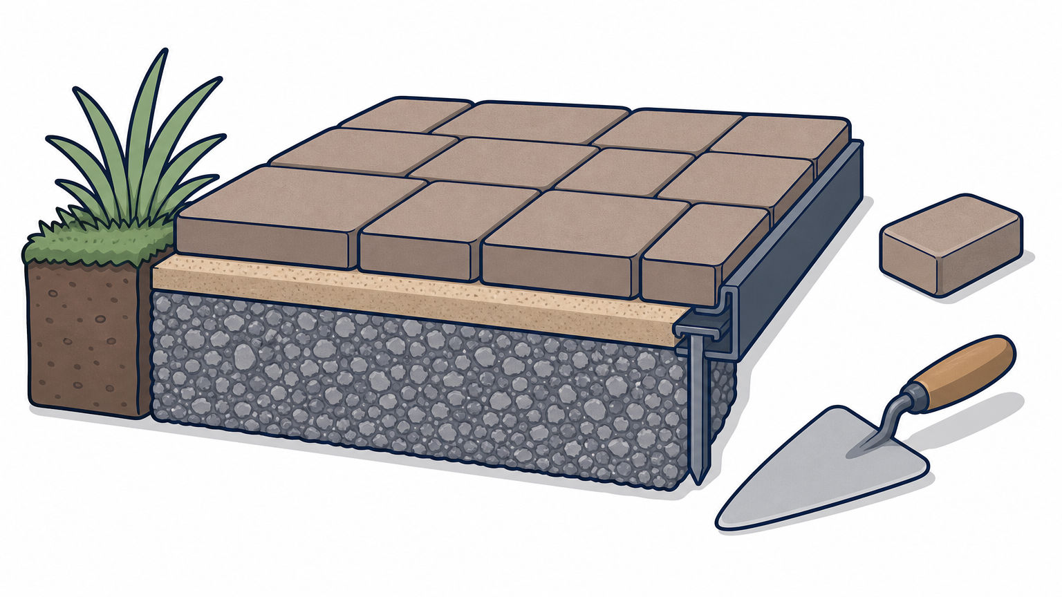 Cutaway of a paver patio edge showing crushed-rock base, bedding sand, pavers and edge restraint with a trowel.
