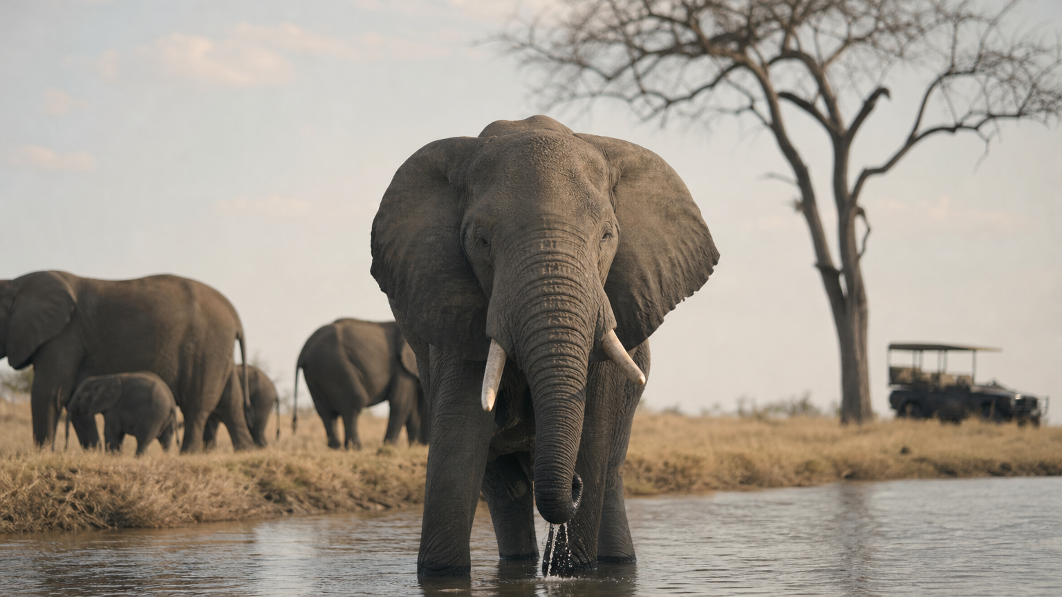 Best Time for an African Safari: Seasons, Months, Regions Elephants gather at a river bank beside dry grass and a leafless acacia tree.