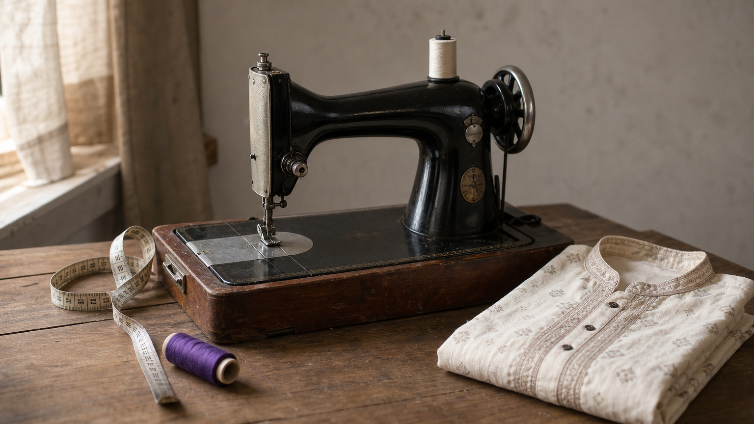 A sewing machine with a measuring tape, a spool of thread and a folded kurta.