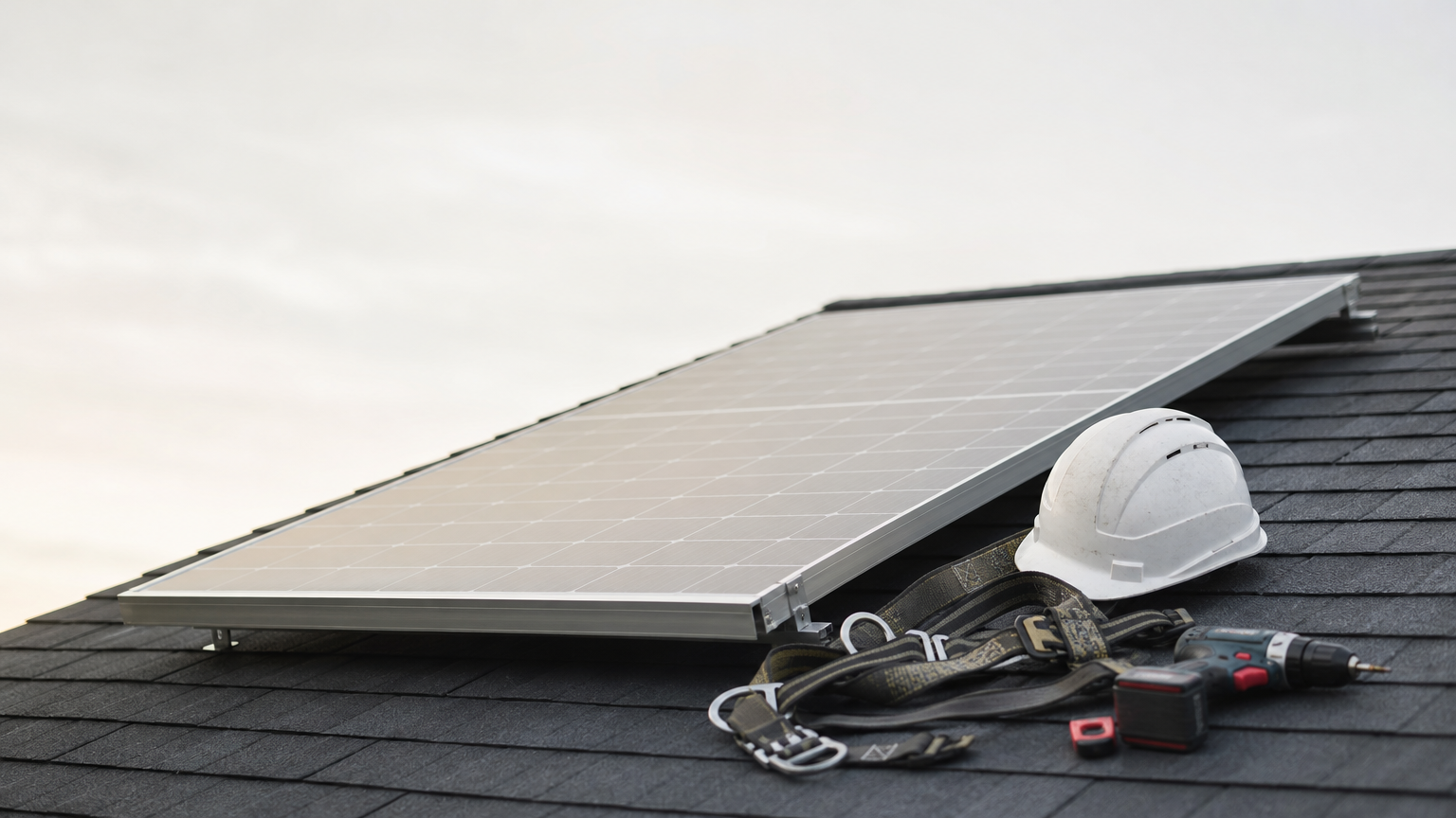 A rooftop solar panel with a safety harness, hard hat, and cordless drill.