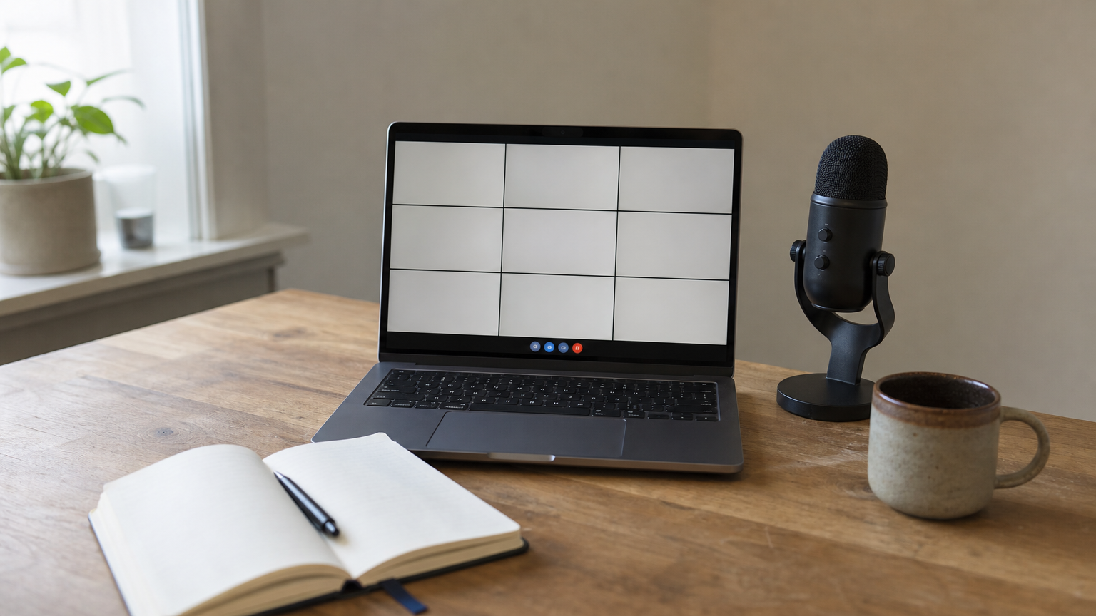 A laptop showing a browser video call beside a microphone, a vocabulary notebook and a mug.