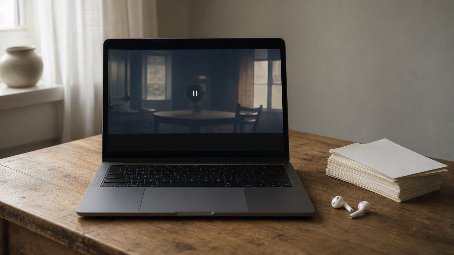 A laptop with a paused streaming episode and two subtitle lines next to index cards and earbuds.