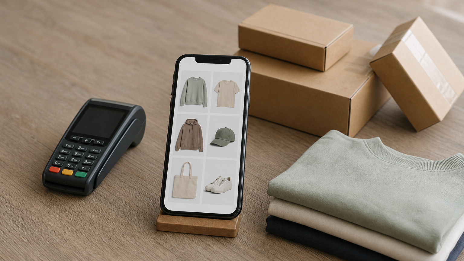 A smartphone with a product grid beside shipping parcels, a card payment terminal and folded garments.