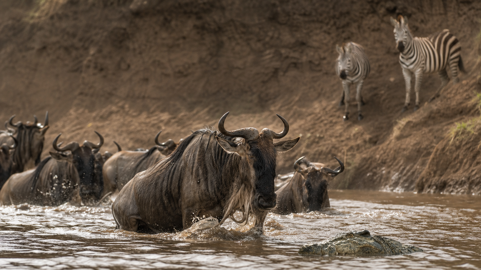 Best Time for an African Safari: Seasons, Months, Regions Wildebeest cross a muddy river while a crocodile lurks and zebras wait on the bank.