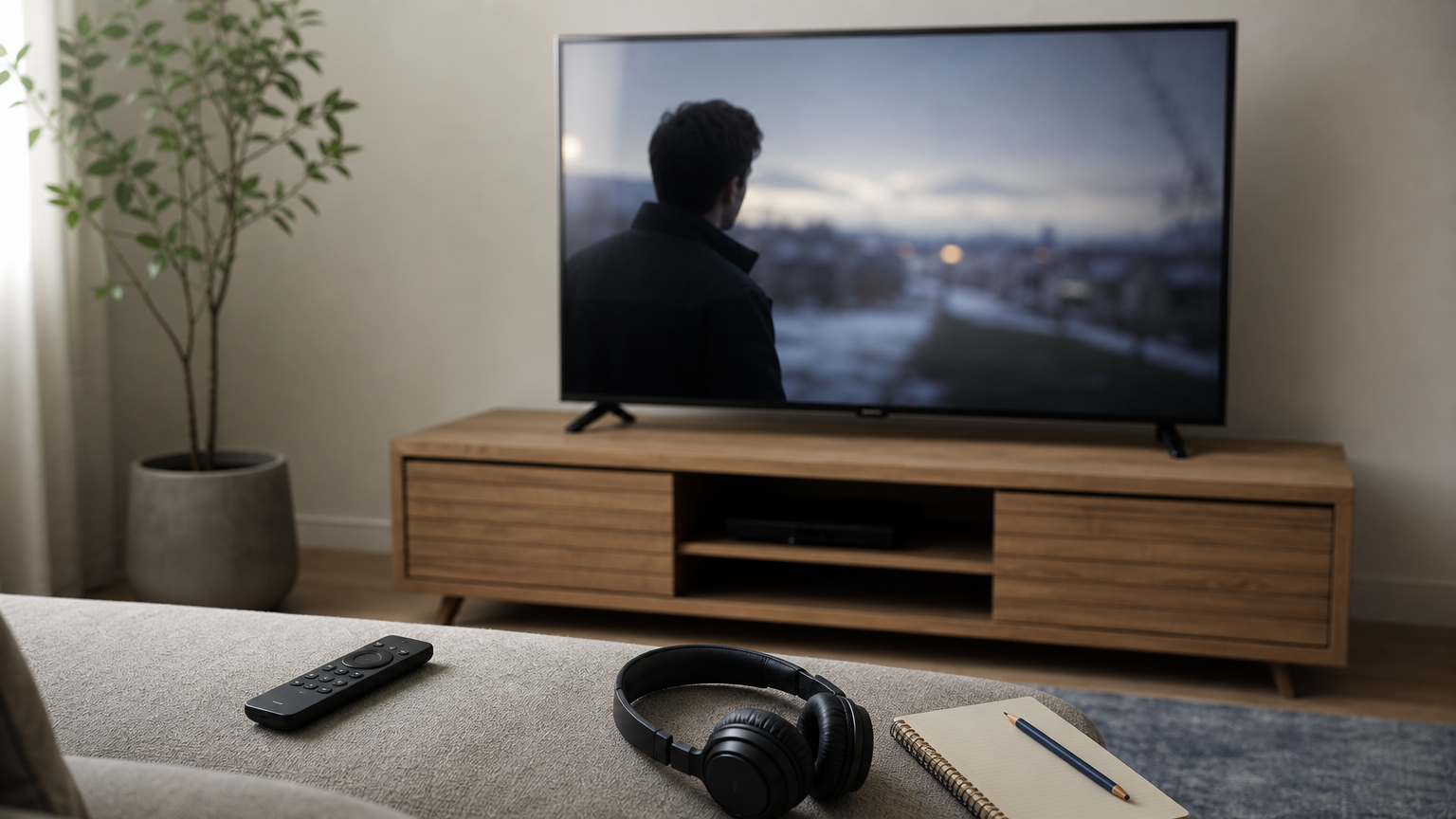 A television with a paused drama scene next to a remote control, headphones and a notepad.
