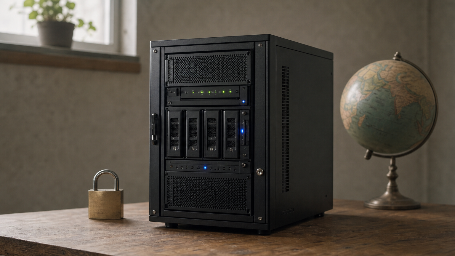 A small server rack with status lights, a brass padlock and a desktop globe.