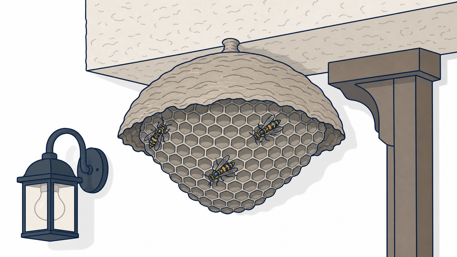 Open paper wasp nest with several wasps hanging beneath a stucco eave near a light fixture.