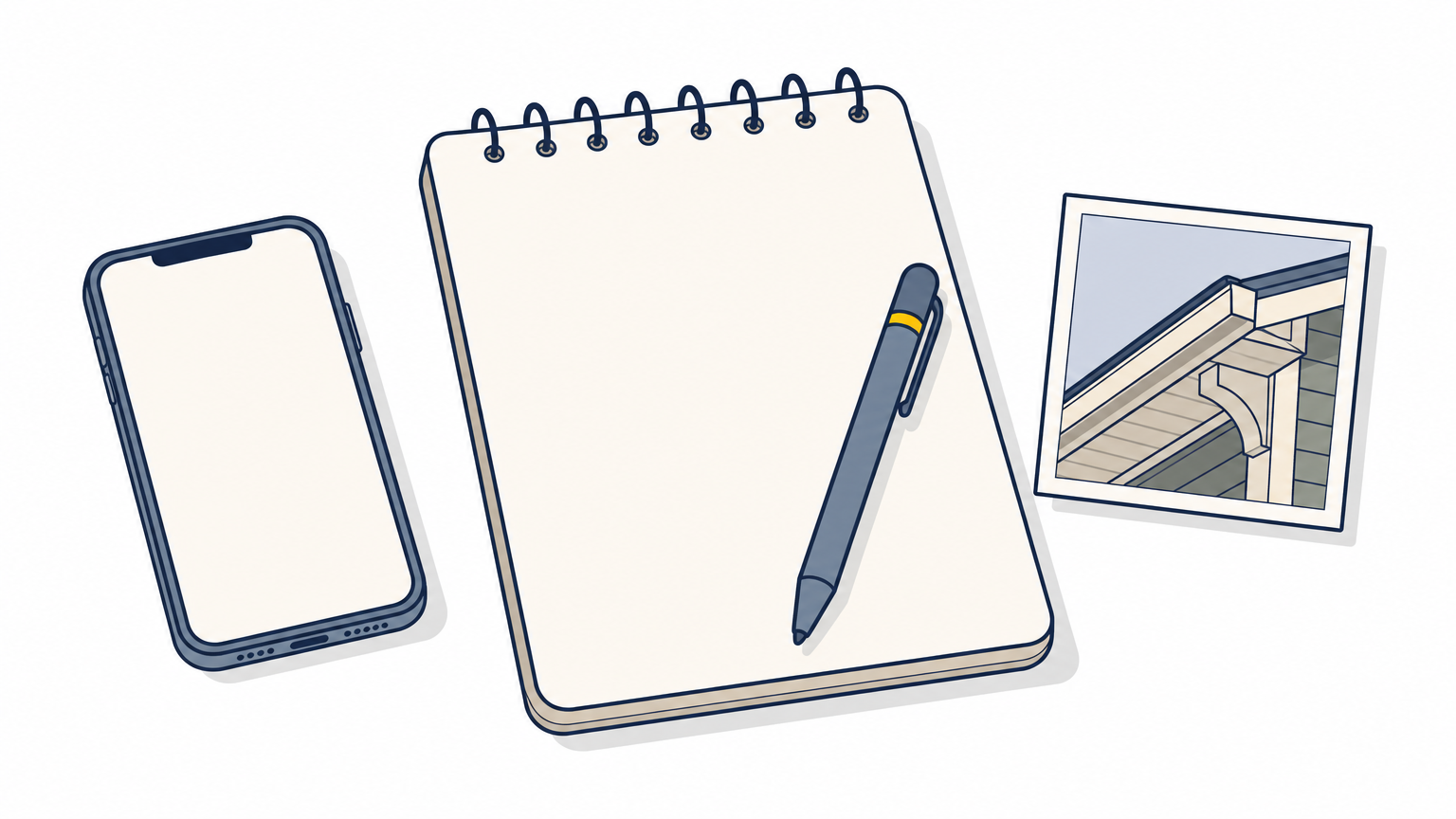 Smartphone, blank notepad, pen, and a printed photo of a house eave arranged on a desk.