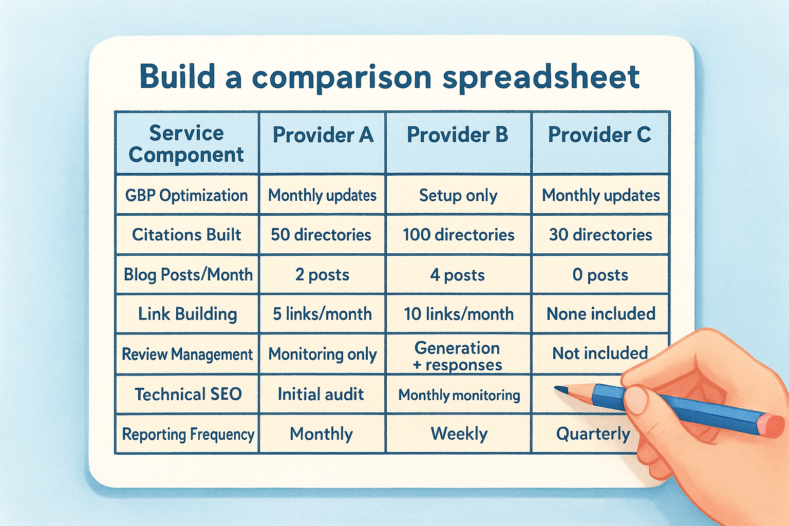 Build a comparison spreadsheet