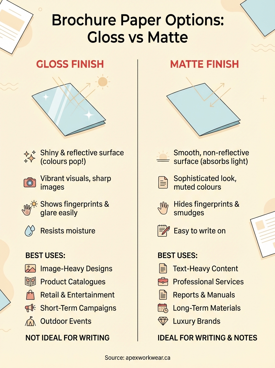 brochure paper options (gloss vs matte) infographic