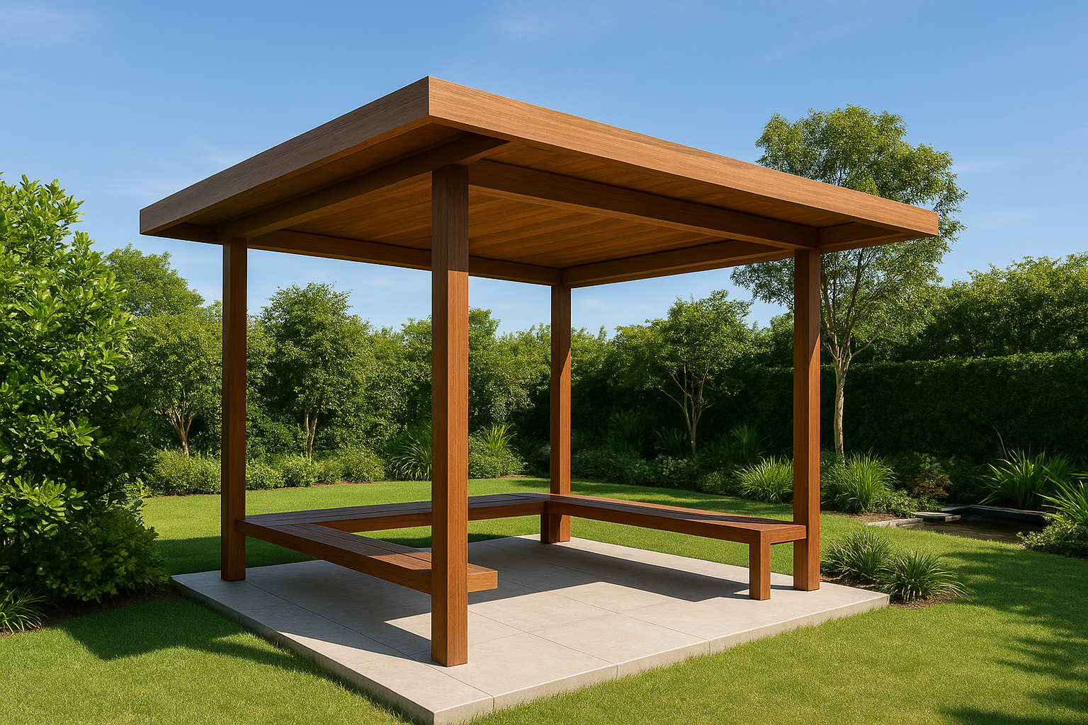 2. Minimalist timber gazebo with flat roof design