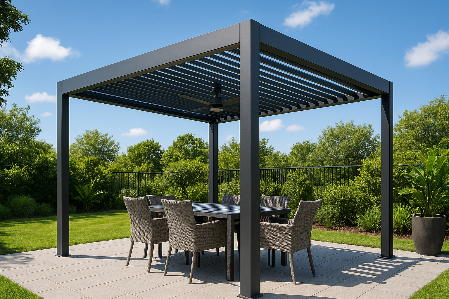 Add fixed or adjustable louvers for sun and rain control