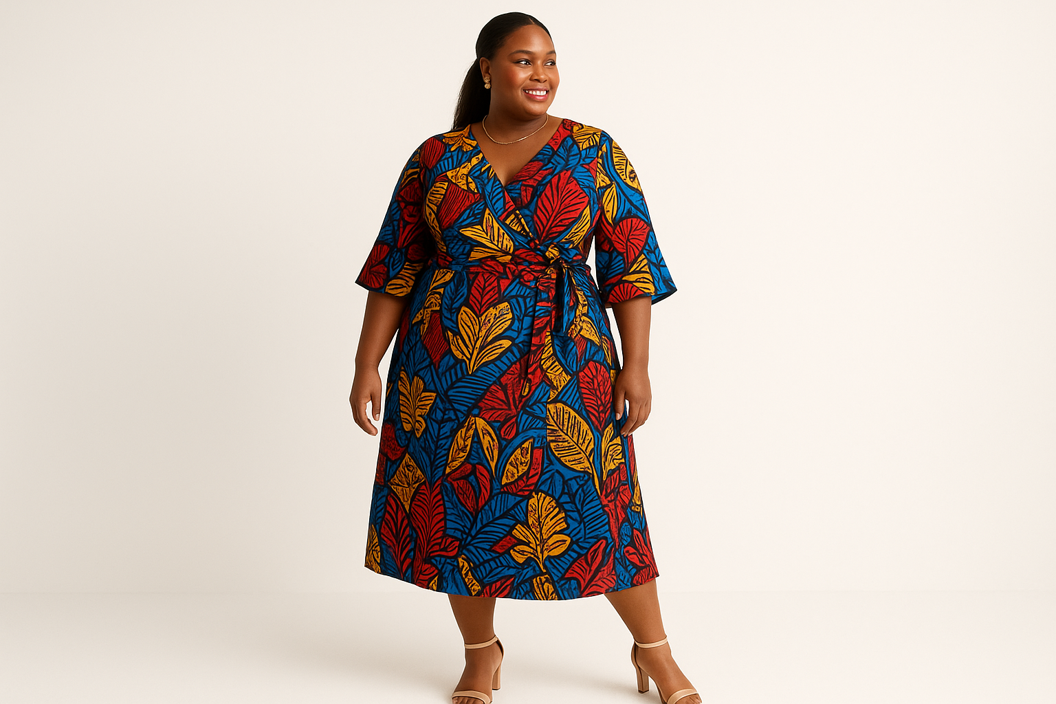 1. KAHINDO bold print wrap midi dress