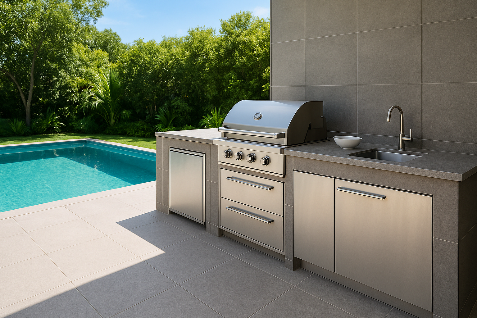 8. Create a poolside kitchen with rinse-ready surfaces