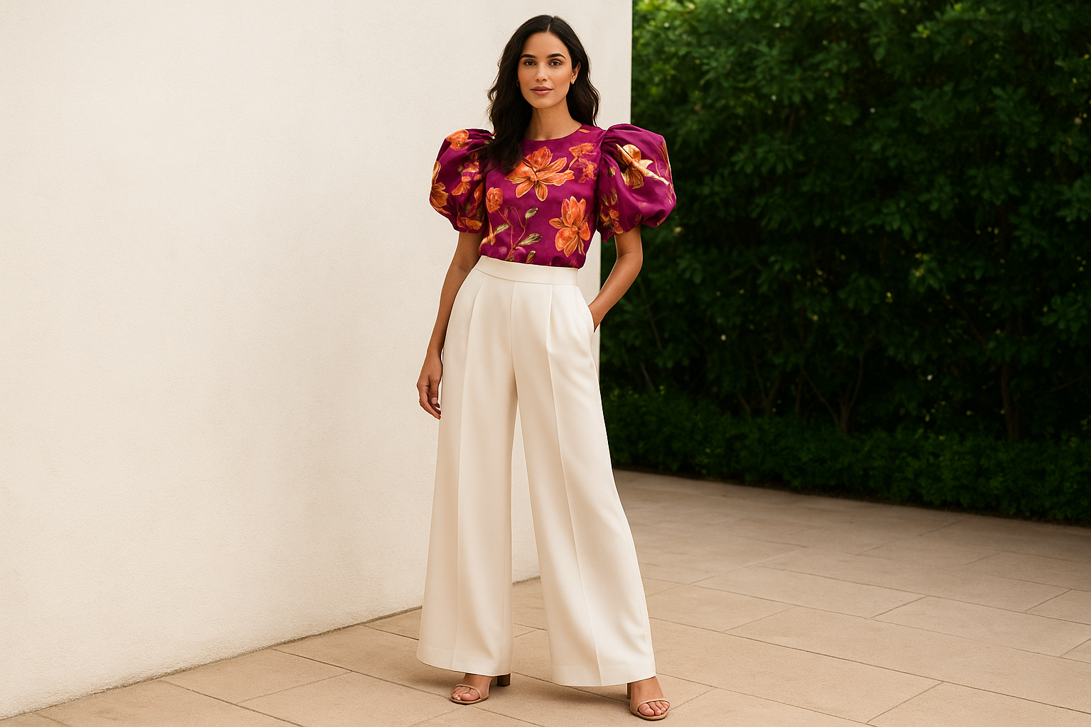 12. Wide-leg pants with a statement top for weddings