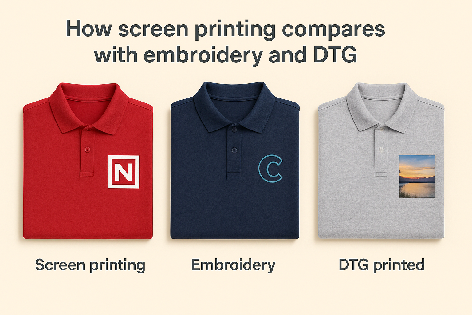 How screen printing compares with embroidery and DTG