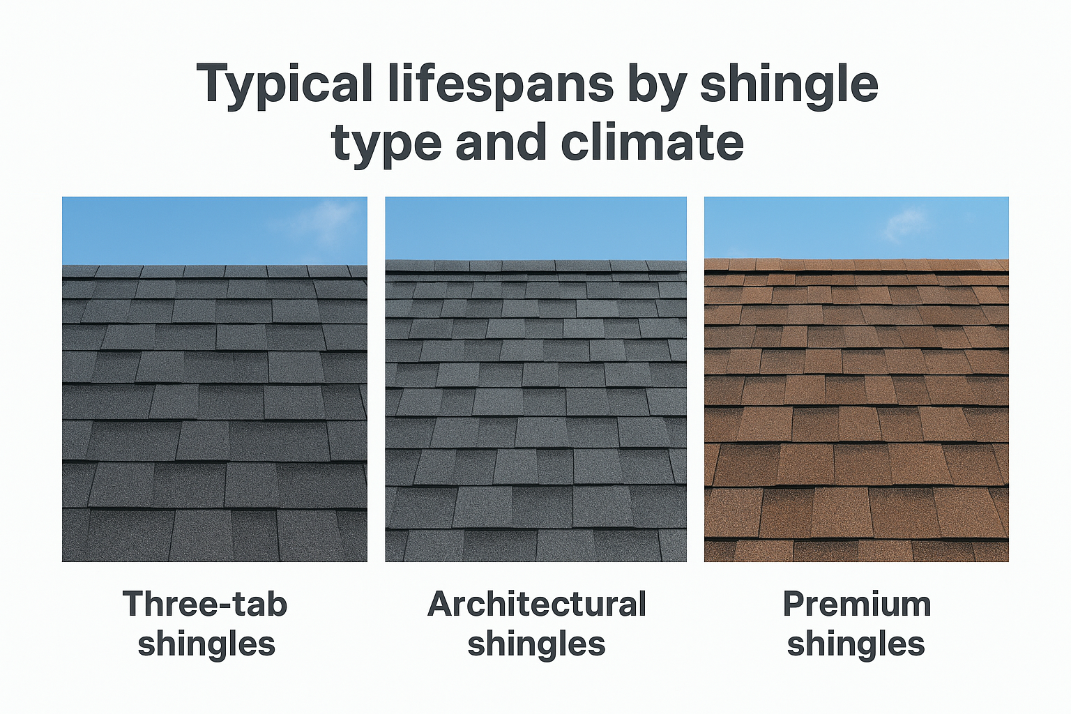 Typical lifespans by shingle type and climate