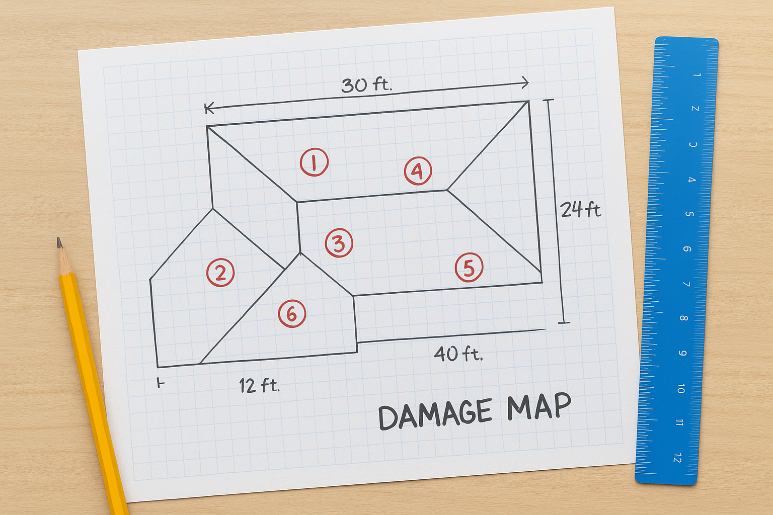 Create a written damage map with measurements