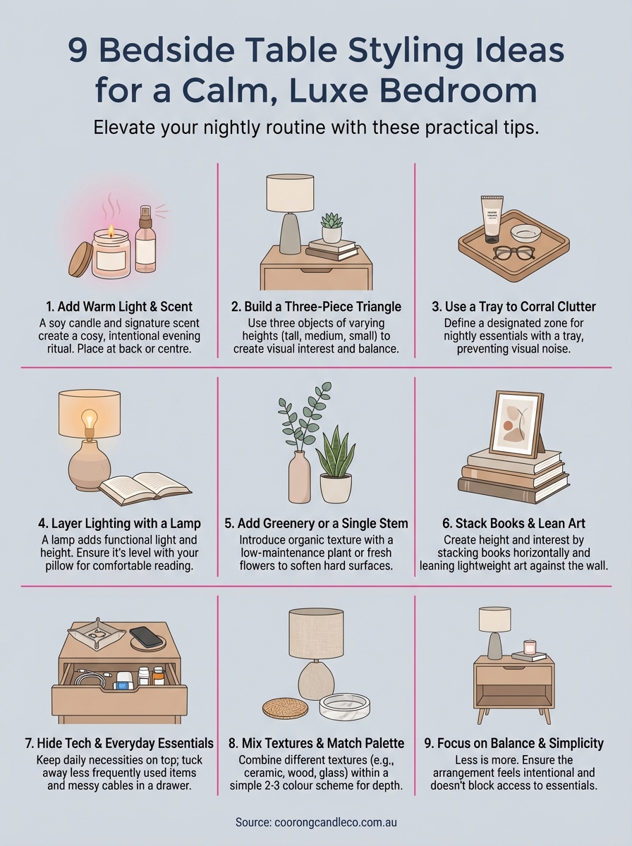 bedside table styling ideas infographic