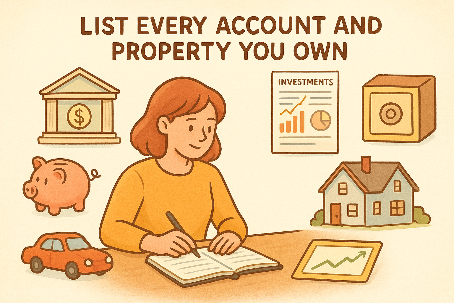 List every account and property you own