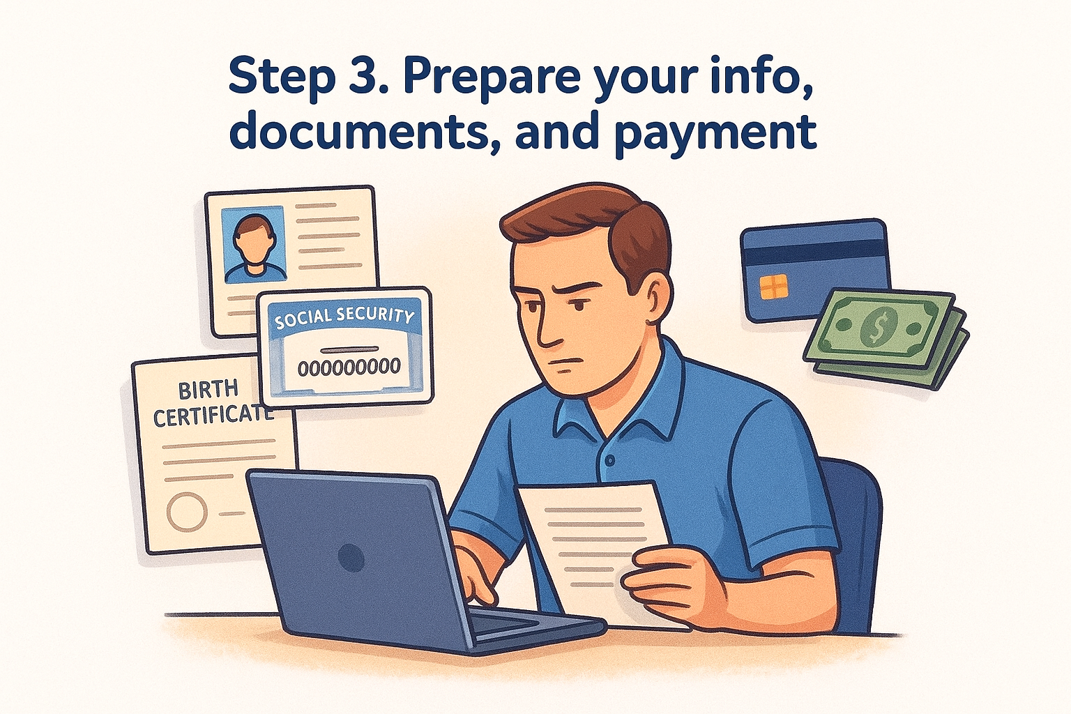 Step 3. Prepare your info, documents, and payment