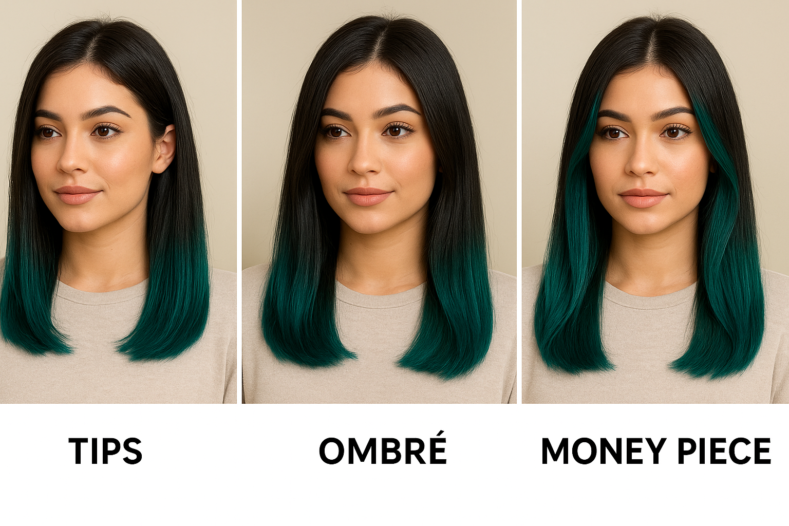 Choose teal placement: tips, ombré, or money piece