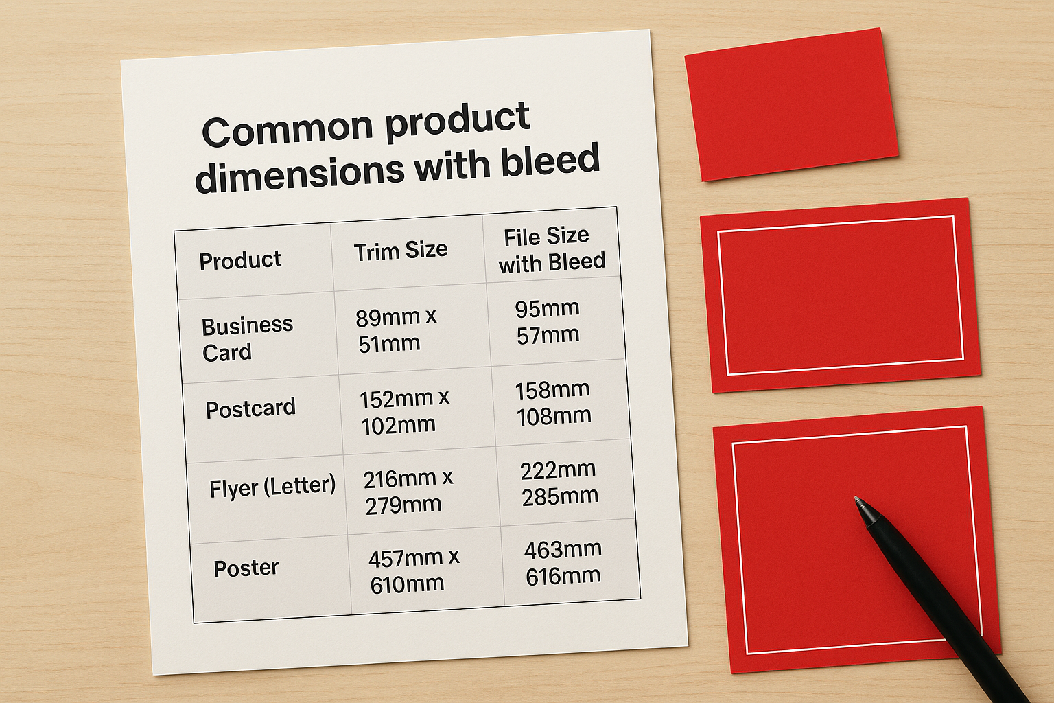 Common product dimensions with bleed