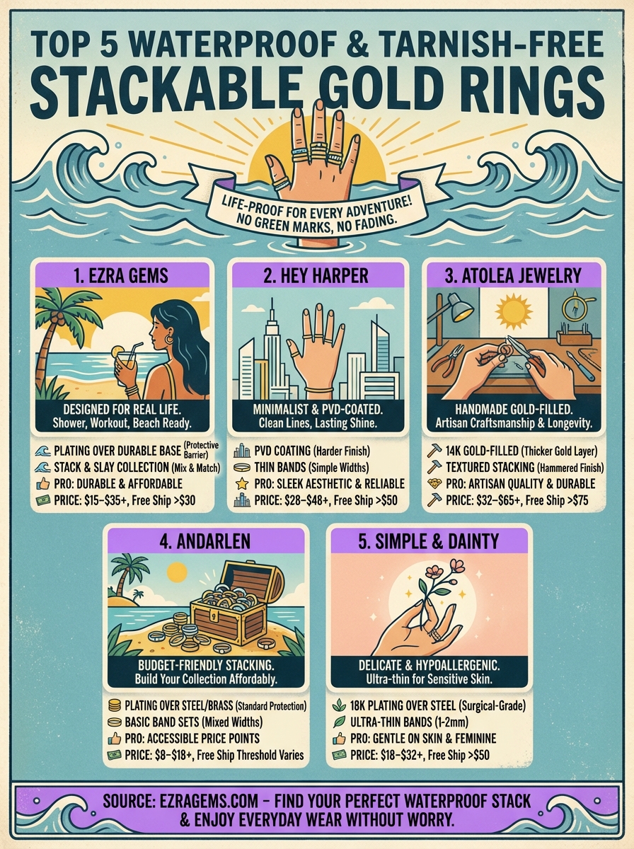 stackable gold rings waterproof infographic