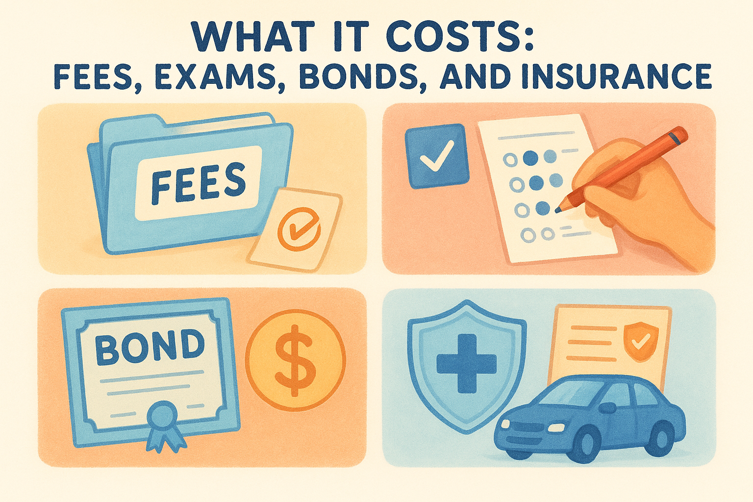 What it costs: fees, exams, bonds, and insurance