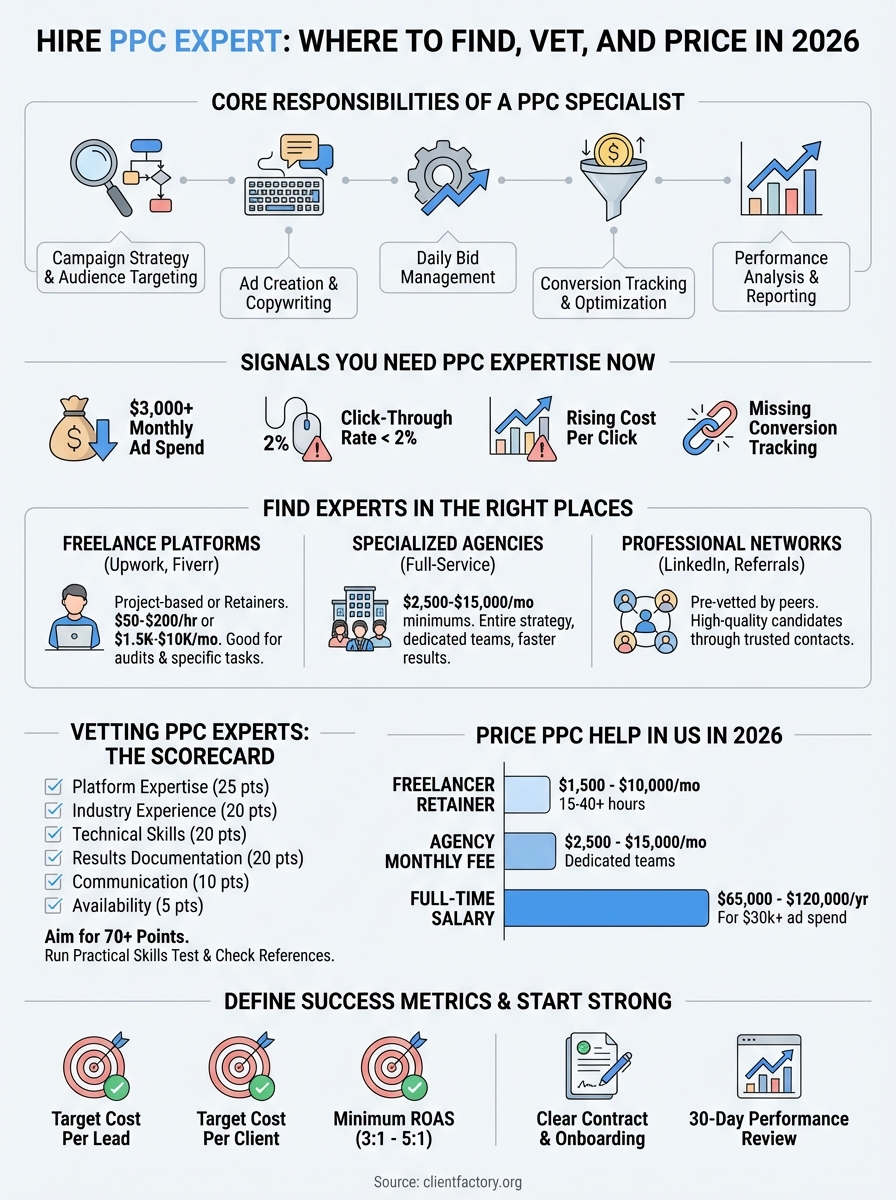 Hire PPC Expert: Where To Find, Vet, And Price One In 2026 hire ppc expert infographic