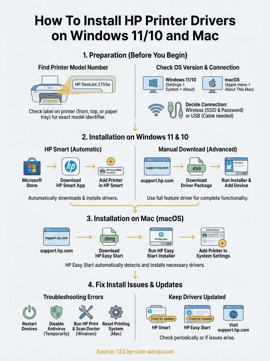 how to install hp printer drivers infographic