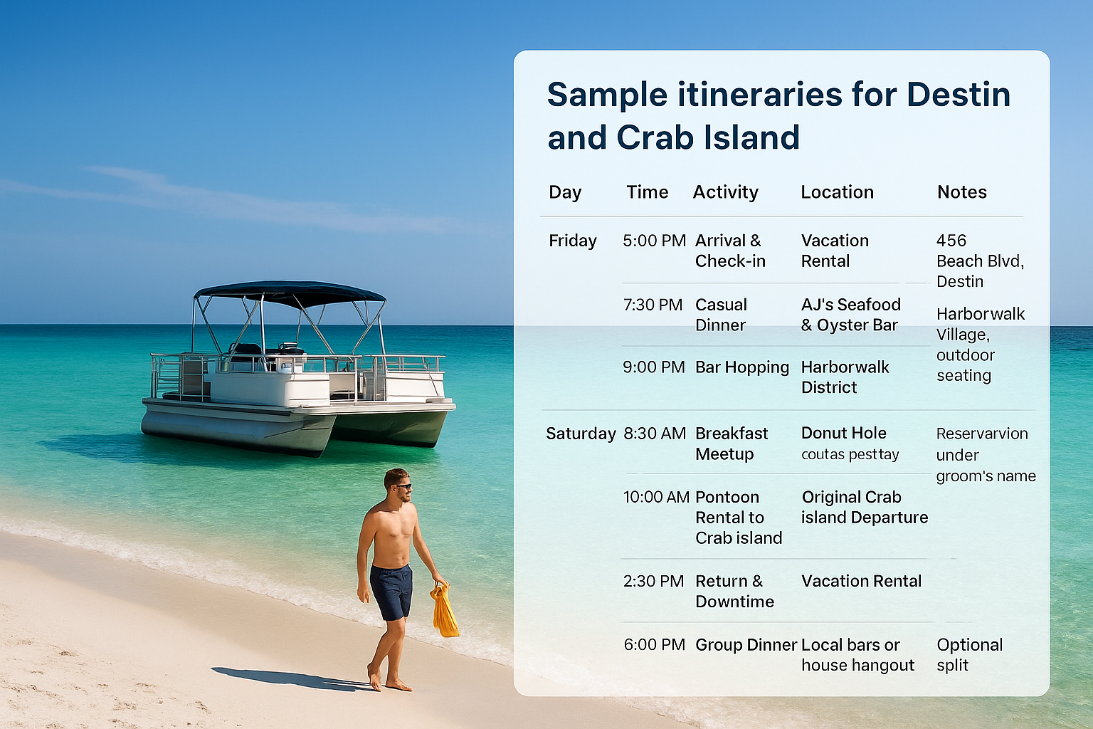 Sample itineraries for Destin and Crab Island