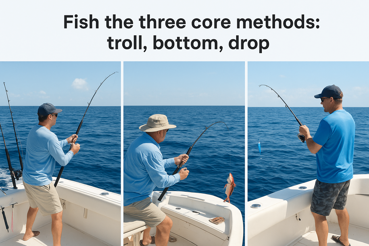 Fish the three core methods: troll, bottom, drop