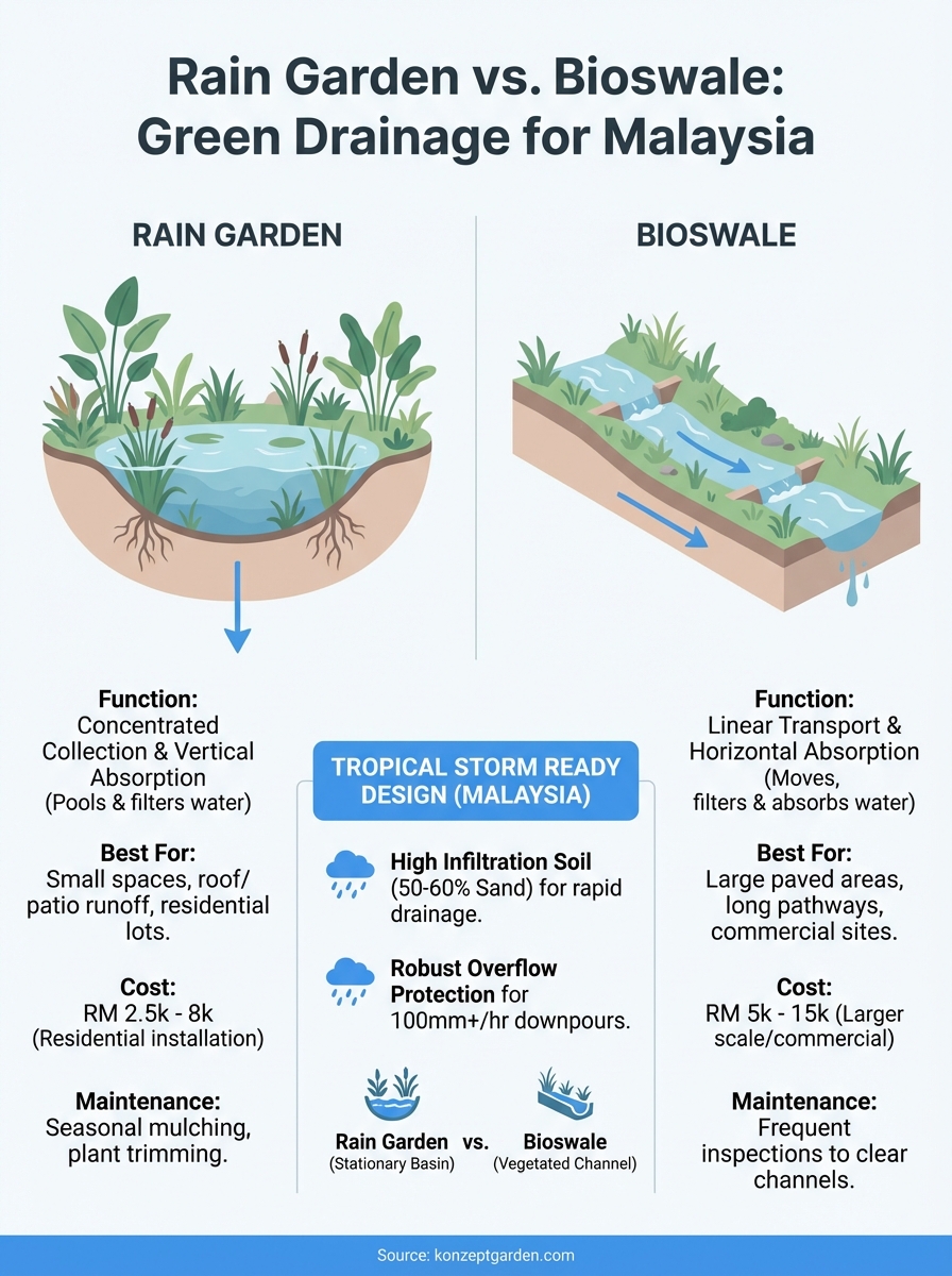 rain garden vs bioswale infographic