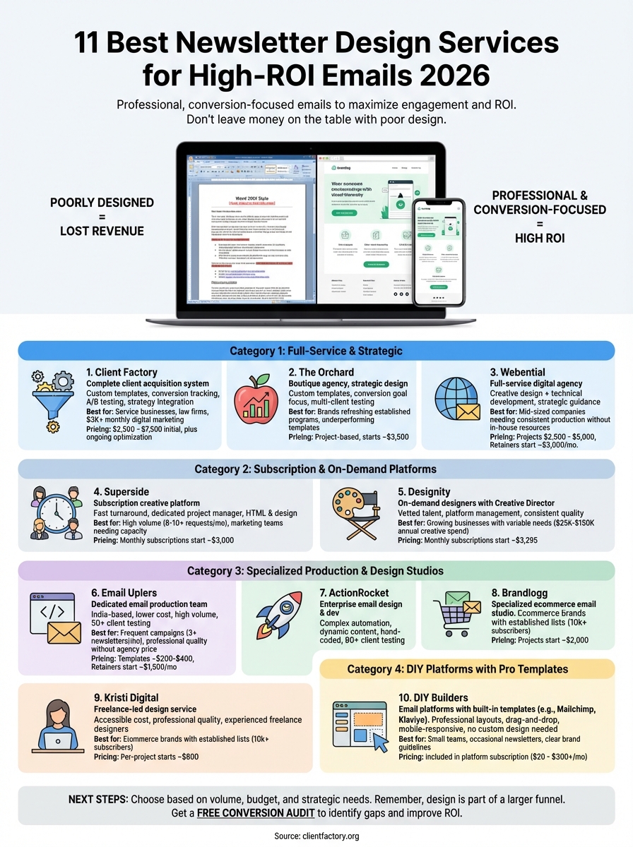 11 Best Newsletter Design Services for High-ROI Emails 2026 newsletter design services infographic