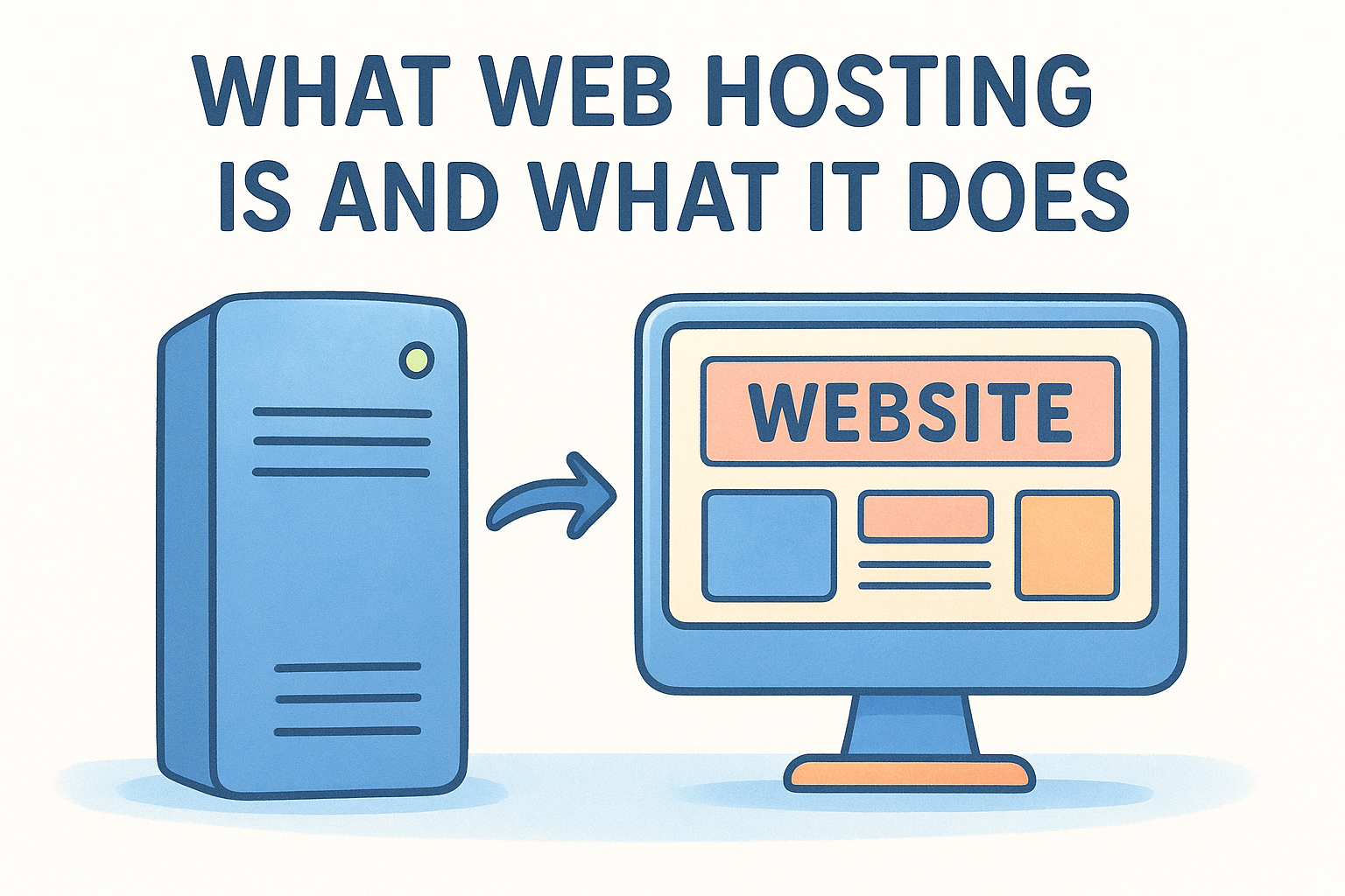 Web hosting server and monitor displaying website content with text "What web hosting is and what it does."