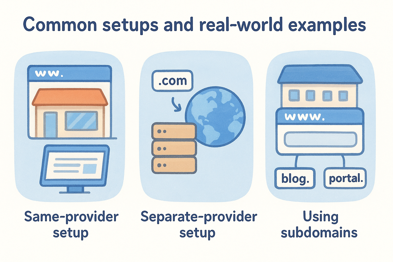 Common setups for website configurations, illustrating same-provider setup, separate-provider setup, and using subdomains for online presence management.