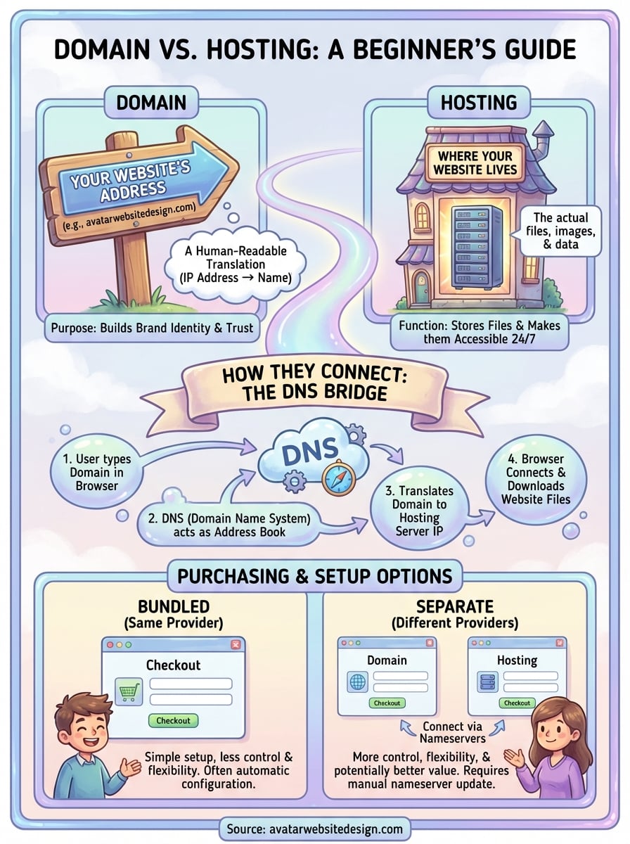 Infographic comparing domain names and web hosting services, illustrating their functions, connection through DNS, and purchasing options, relevant to understanding online presence and website setup.